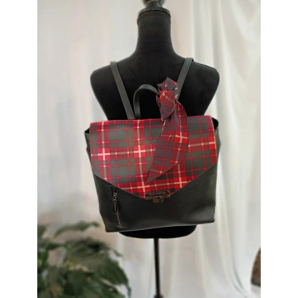 Steve Madden Black Pebbled Plaid Flap Backpack with‎ Floral Scarf Accent